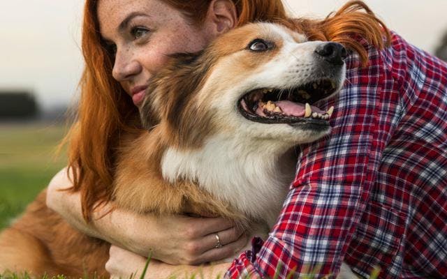 fotografie ženy objímající psa v praku fotografie ženy objímající psa v praku