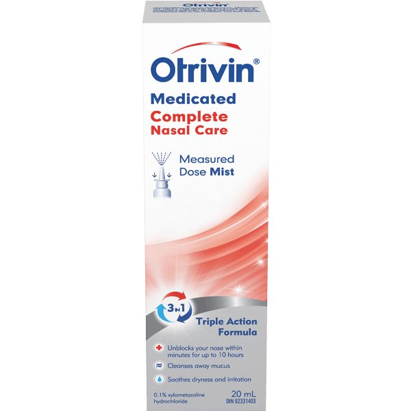 A bottle of Otrivin Medicated Complete Nasal Care to clear mucus and moisturize your nose with an effective decongestant.