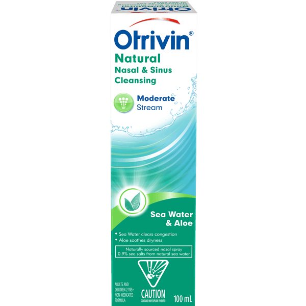 A bottle of Otrivin Natural Sea Water & Aloe Moderate Stream to relieve nasal congestion.