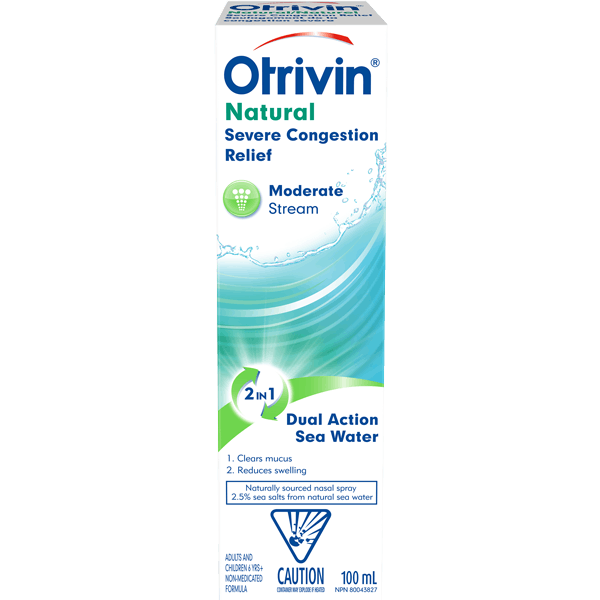 A bottle of Otrivin Natural Severe Congestion Relief to relieve nasal congestion and sinusitis and help you breathe better.