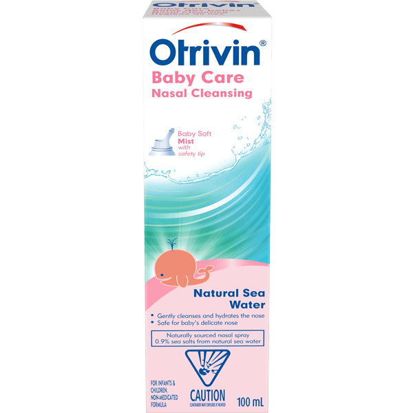 A bottle of Otrivin Baby Care Natural Sea Water to relieve baby's stuffed nose.