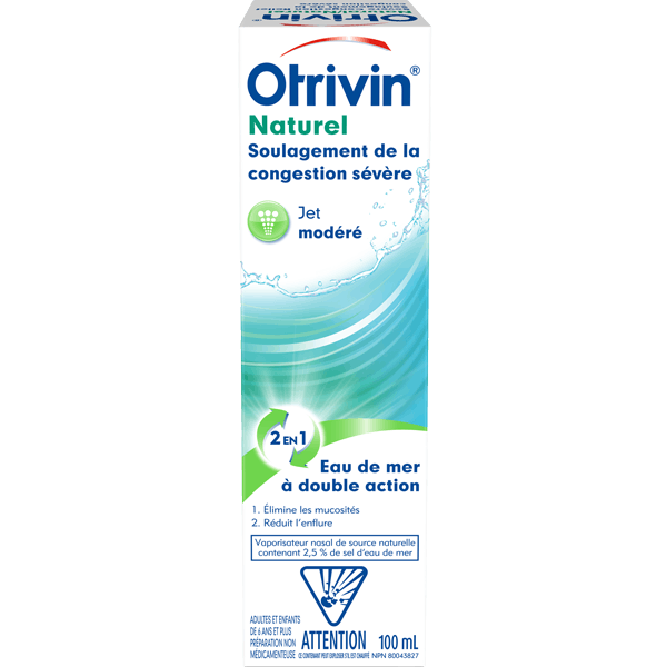 Flacon d’Otrivin Soulagement naturel de la congestion sévère pour décongestionner le nez, soulager la sinusite et vous aider à mieux respirer.