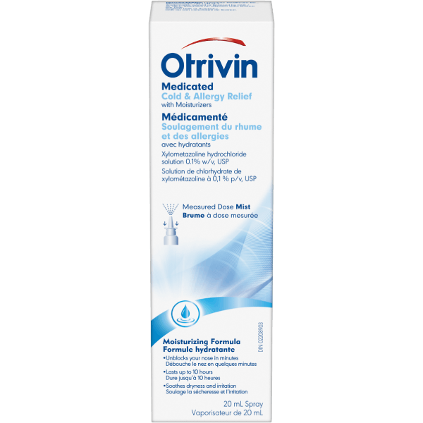 Flacon d’Otrivin Rhume et allergies Formule médicamenteuse avec hydratants pour décongestionner et apaiser le nez bouché
