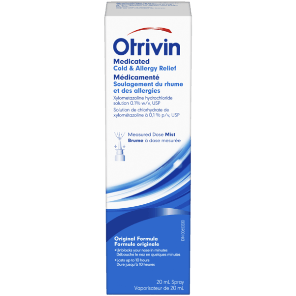 Flacon d’Otrivin Rhume et allergies Formule médicamenteuse pour décongestionner le nez bouché par le rhume, les allergies ou le rhume des foins