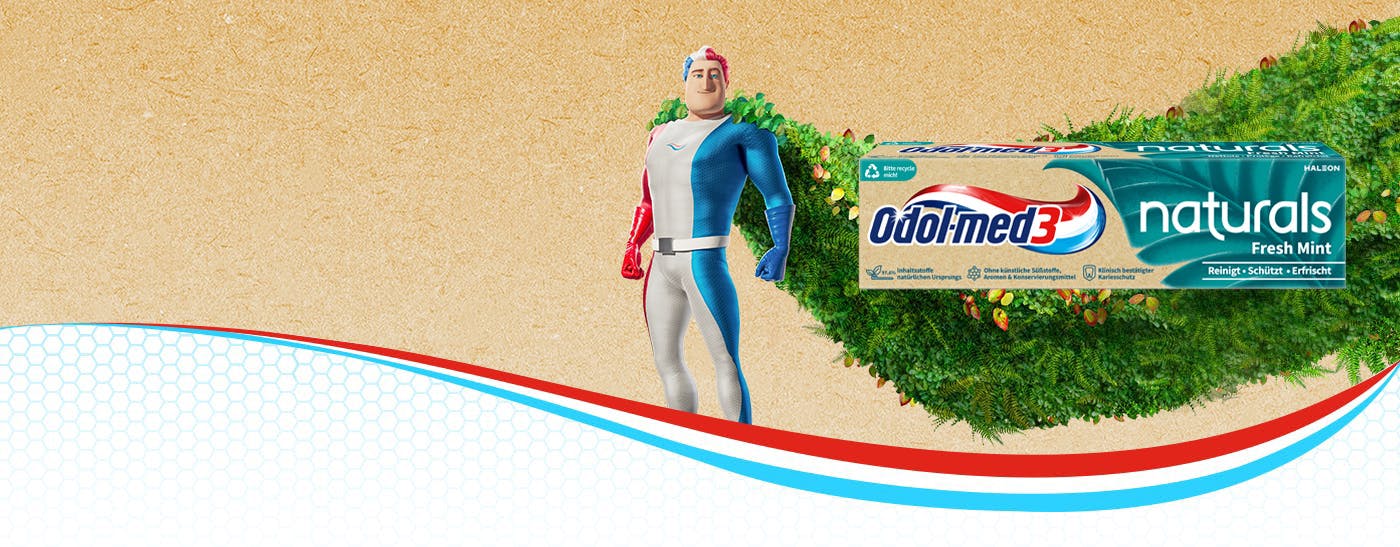 Der Superheld von Odol-med3 surft auf den neuen Odol-med3 Senses Zahnpasten - Senses Eukalyptus, Grapefruit und Wassermelone.