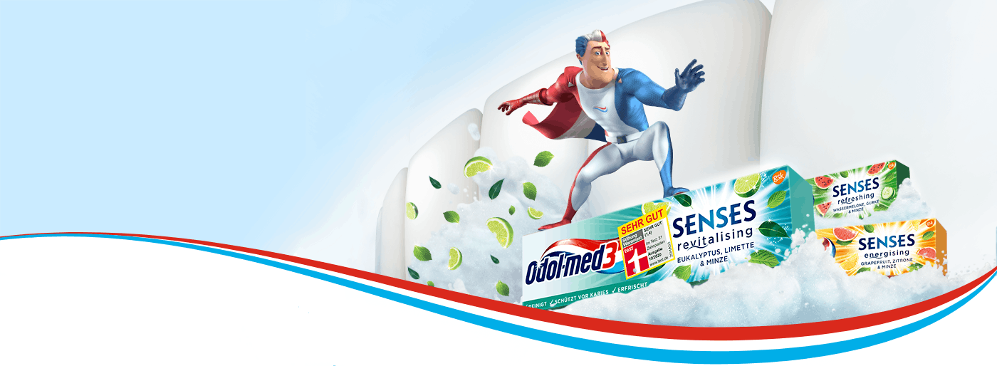 Der Superheld von Odol-med3 surft auf den neuen Odol-med3 Senses Zahnpasten - Senses Eukalyptus, Grapefruit und Wassermelone.