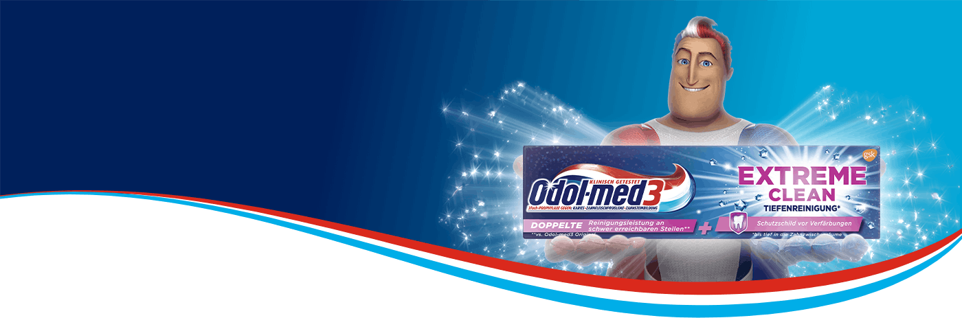 Der Superheld von Odol-med3 hält die Extreme Clean Zahnpasta.