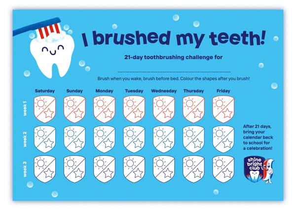 Parent’s calendar with brushing tracker and cartoon tooth on blue background.