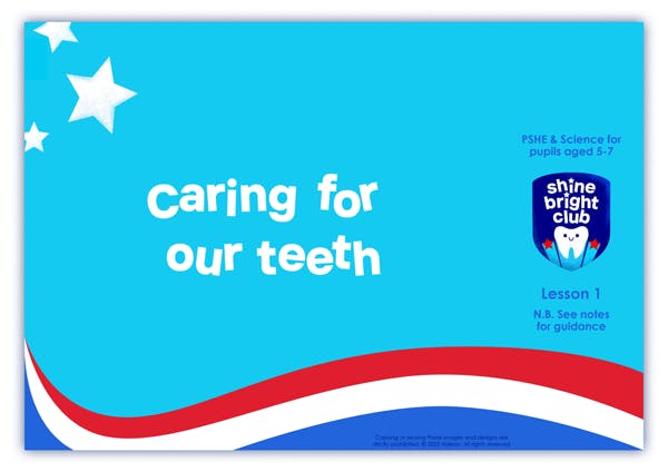Lesson plan cover titled “Caring for our teeth” with blue background and tooth logo.
