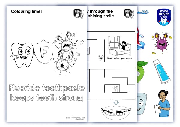 Black-and-white dental activity sheets with colouring pages and maze.
