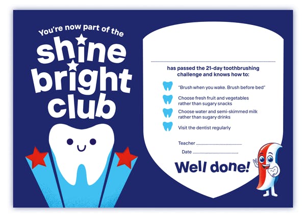 Certificate titled “Shine Bright Club” with smiling tooth and congratulatory text.