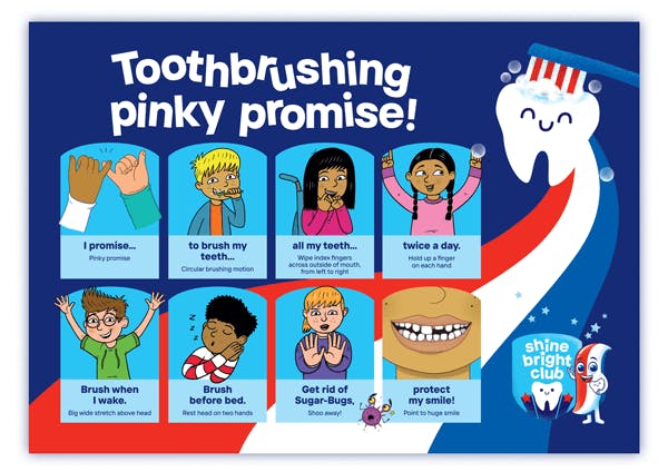 Poster showing “Toothbrushing pinky promise” with cartoon characters and tooth mascot.