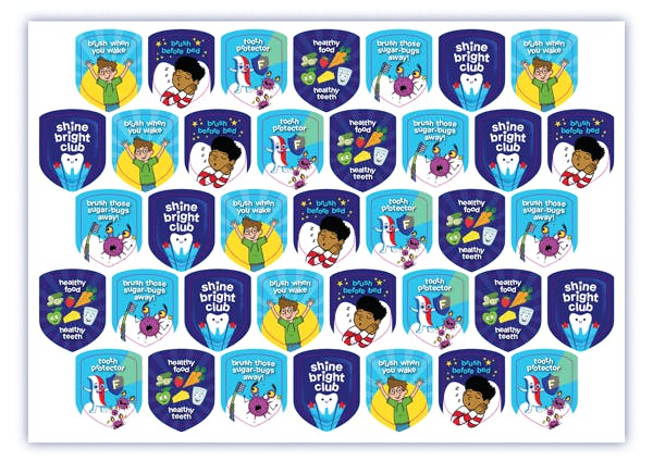 Blue banner with cartoon tooth and toothpaste characters, text reads “Aquafresh Shine Bright Club: Helping protect children’s teeth for life,” with red, white, and blue wave design.