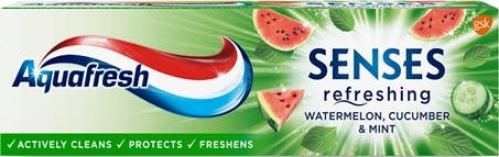 Aquafresh Senses Refreshing toothpaste fruity green packaging.
