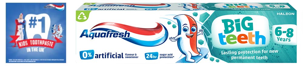 Aquafresh Big Teeth toothpaste mint green packaging.