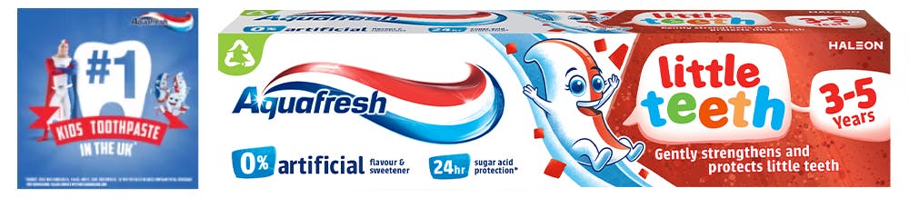 Aquafresh Little Teeth toothpaste red packaging with Billy.