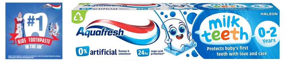 Aquafresh Milk Tooth toothpaste playful blue and white packaging with Milky.