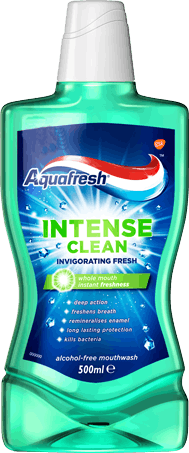 Aquafresh Intense Clean mouthwash with transparent packaging revealing green mouthwash and a blue/green label.