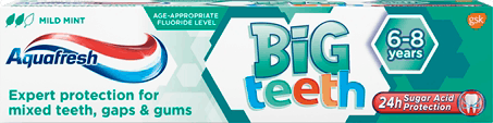 Aquafresh Big Teeth toothpaste mint green packaging.