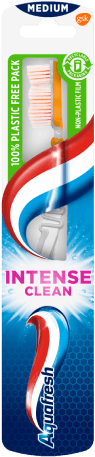 Aquafresh Intense Clean medium toothbrush in silver/white colour combination with Aquafresh colors on the packaging.