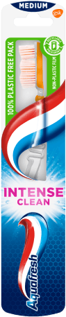 Aquafresh Intense Clean medium toothbrush in silver/white colour combination with Aquafresh colors on the packaging. Aquafresh Intense Clean medium toothbrush in silver/white colour combination with Aquafresh colors on the packaging.
