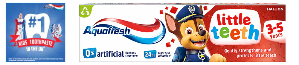 Aquafresh Little Teeth toothpaste red packaging with Billy.