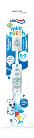Aquafresh Milk Teeth toothbrush with a playful blue/beige design and light blue packaging.