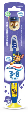 Aquafresh Paw Patrol toothbrush with a Paw Patrol character design and purple packaging.