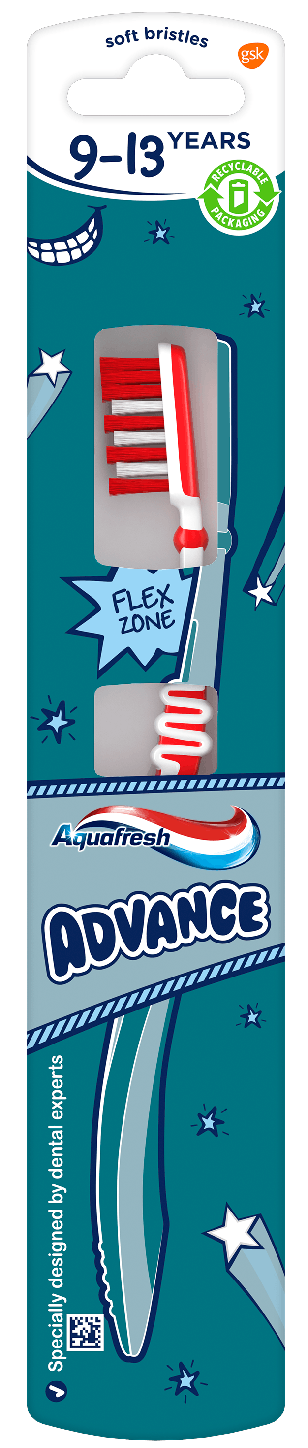 Aquafresh Advance Teeth toothbrush in mint green/white design and a playful blue packaging.