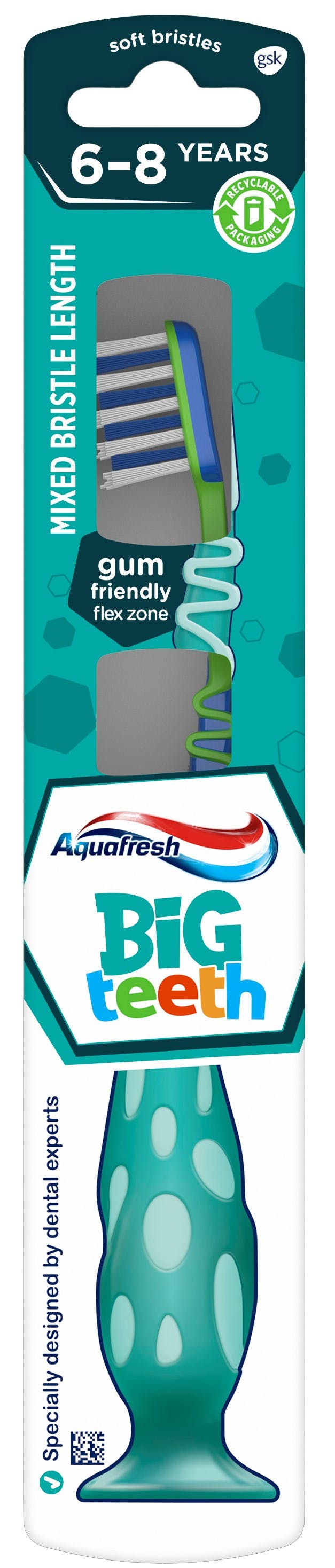 Aquafresh Big Teeth toothbrush with a playful blue/green design and mint green packaging.