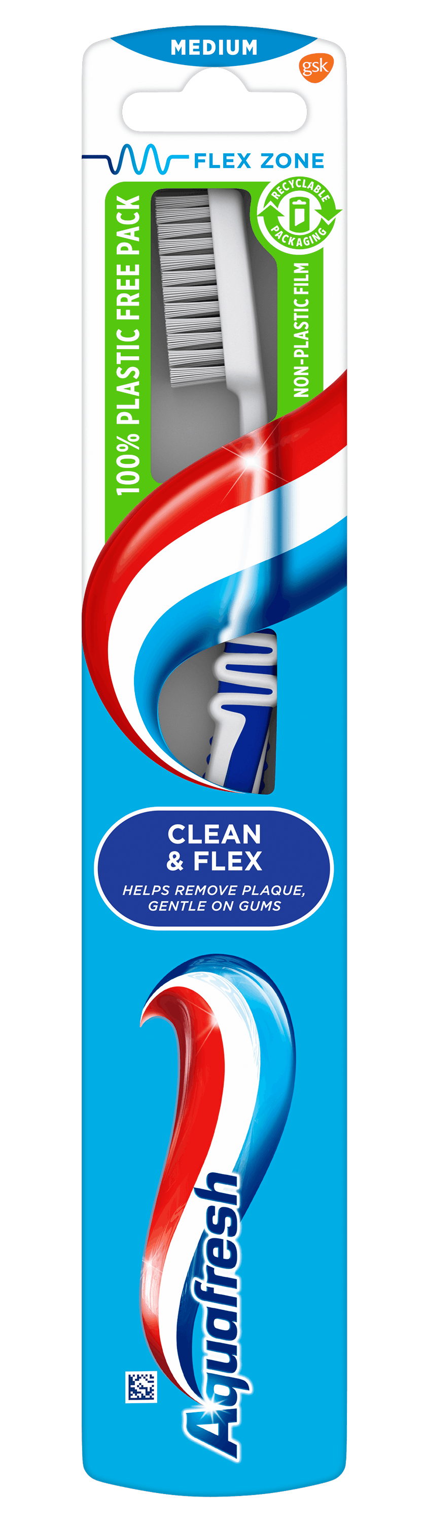 Aquafresh Clean & Flex medium toothbrush in pink/white colour combination with Aquafresh colors on the packaging.