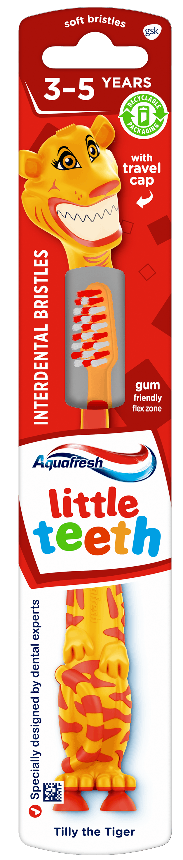 Aquafresh Little Teeth toothbrush with a playful green dragon design and red packaging.