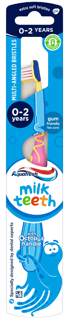Aquafresh Milk Teeth toothbrush with a playful blue/beige design and light blue packaging.
