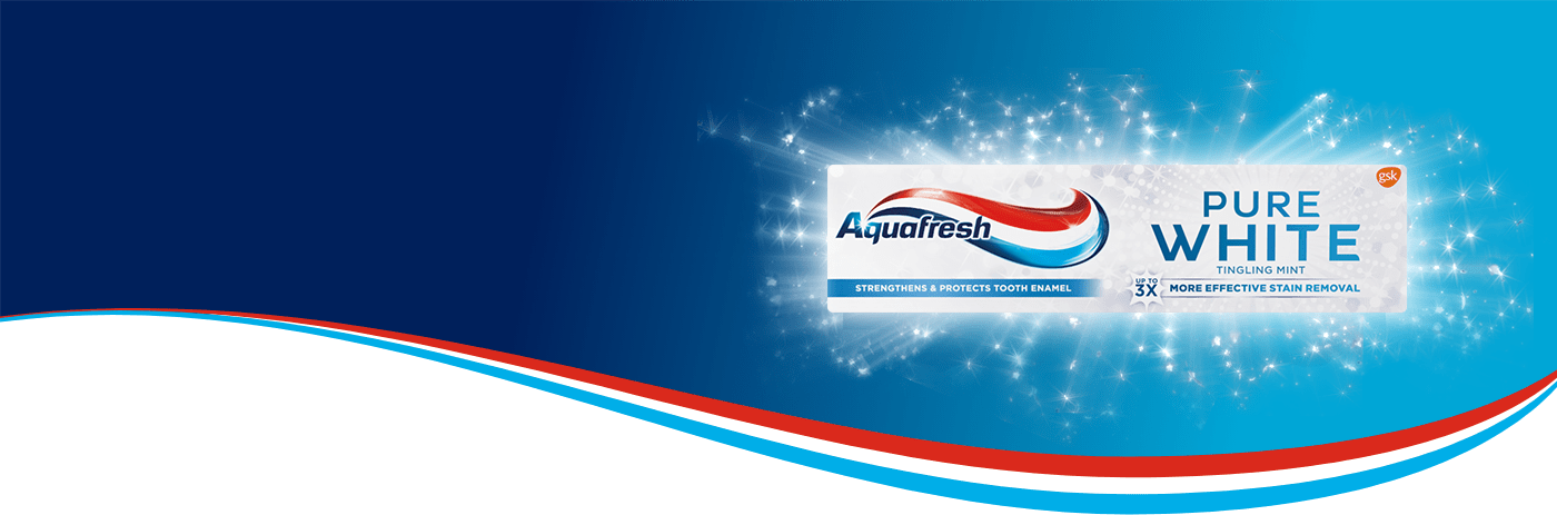Captain Aquafresh holding Pure White toothpaste and smiling.