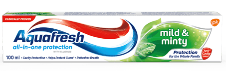 Aquafresh Triple Protection Mild & Minty toothpaste packaging with green accent.
