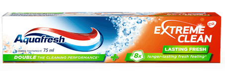 Aquafresh Extreme Clean Lasting Fresh toothpaste blue packaging with bright green accent.