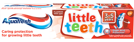 Aquafresh Little Teeth toothpaste red packaging with Billy. Aquafresh Little Teeth toothpaste red packaging with Billy.