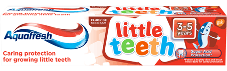 Aquafresh Little Teeth toothpaste red packaging with Billy.