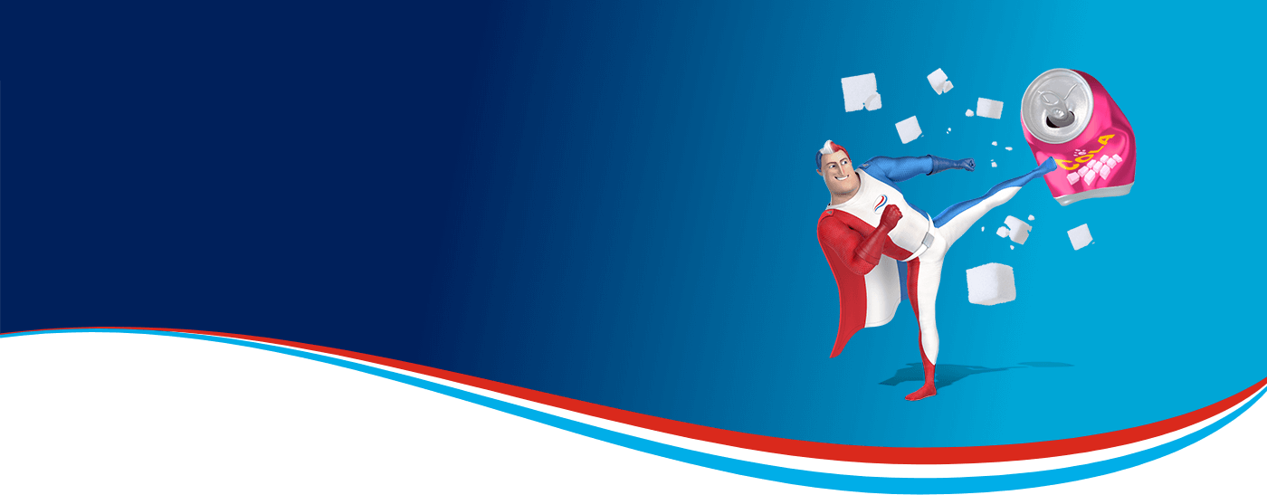 Captain Aquafresh defending teeth from sugar.