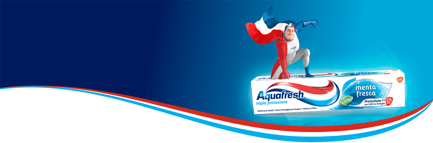 Captain Aquafresh standing on All in One toothpaste packshot.