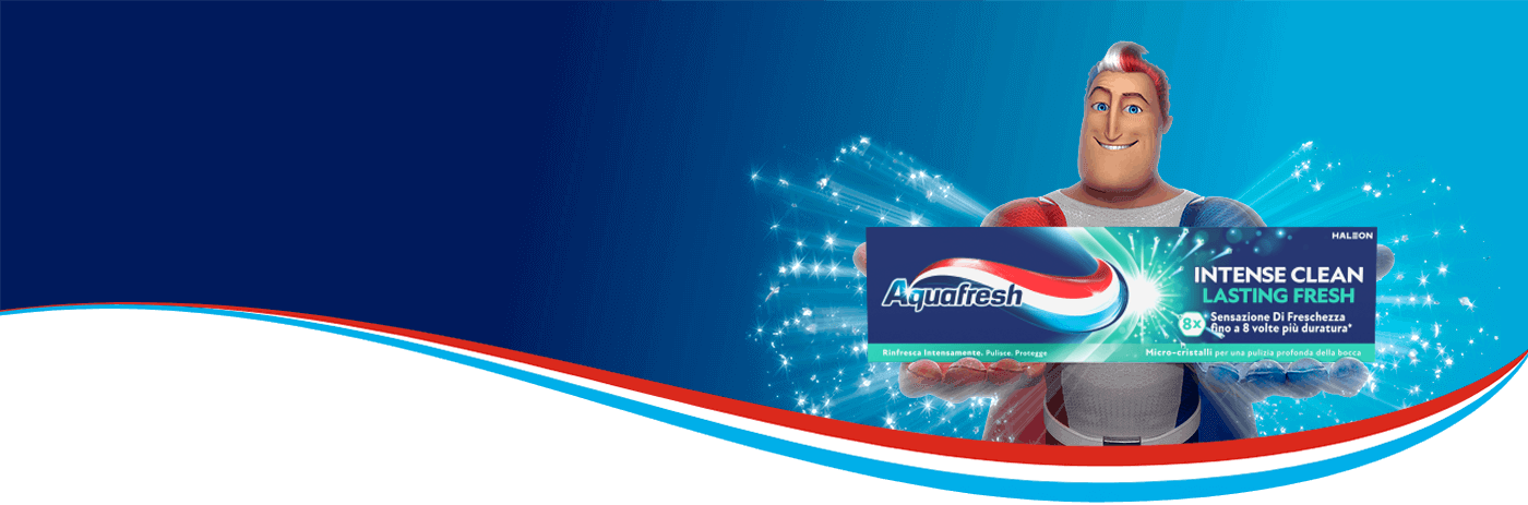 Captain Aquafresh holding Intense Clean Deep Action toothpaste and smiling.