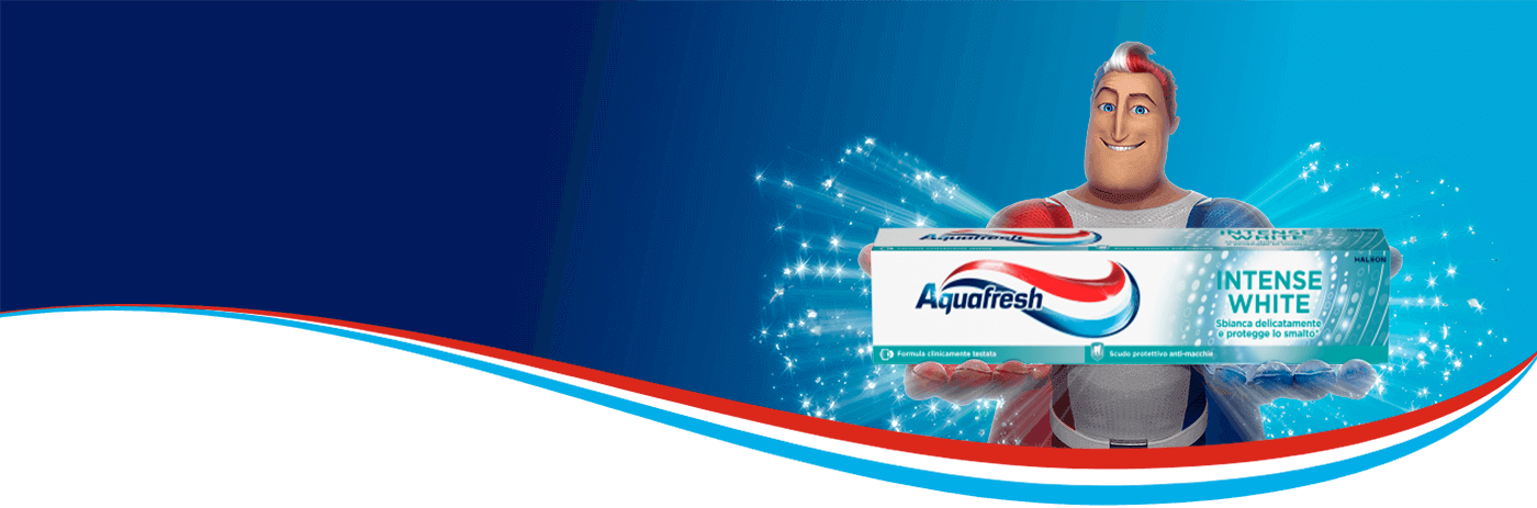 Captain Aquafresh holding Pure White toothpaste and smiling.