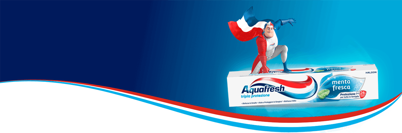 Captain Aquafresh standing on All in One toothpaste packshot.