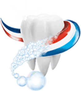 A teeth getting cleaned with Aquafresh stripes A teeth getting cleaned with Aquafresh stripes
