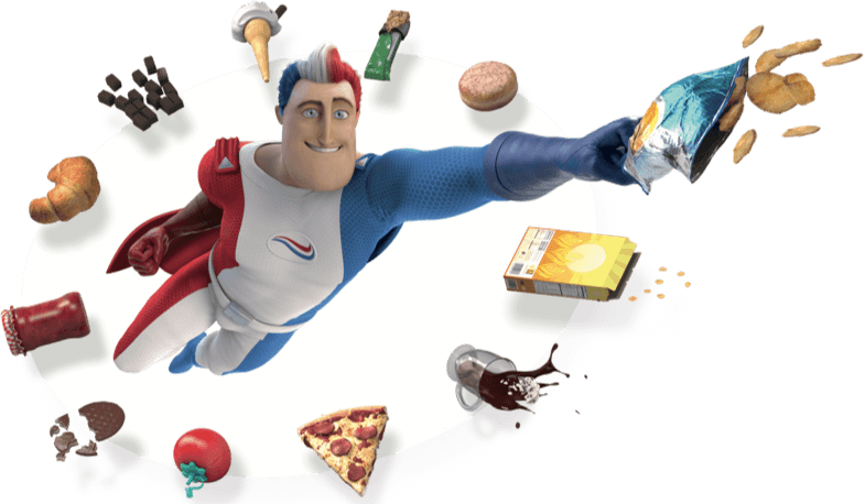 Captain Aquafresh flying surrounded by various food - tomato, pizza, coffee,...