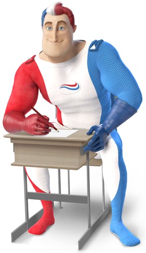 Captain Aquafresh taking notes while sitting in a school desk.
