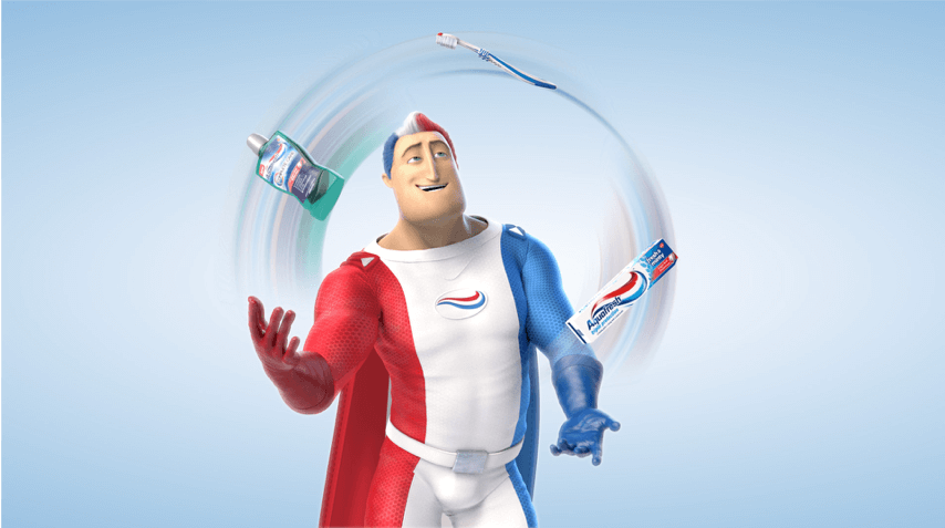 Captain Aquafresh skillfully juggling a mouthwash, a toothpaste and a toothbrush. Captain Aquafresh skillfully juggling a mouthwash, a toothpaste and a toothbrush.