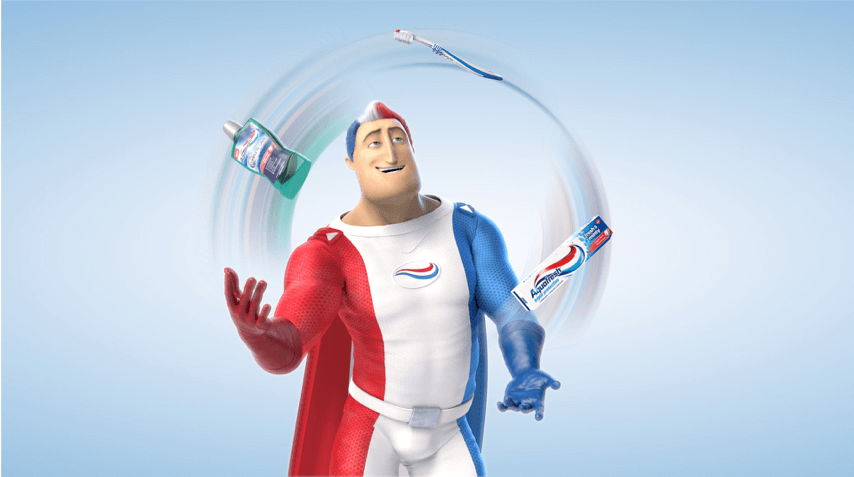 Captain Aquafresh skillfully juggling a mouthwash, a toothpaste and a toothbrush.