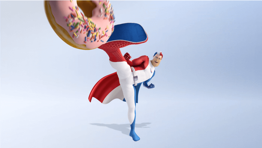 Captain Aquafresh high-kicking a doughnut.