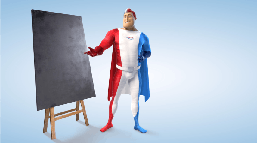 Captain Aquafresh standing near a blank chalk board and pointing to it.